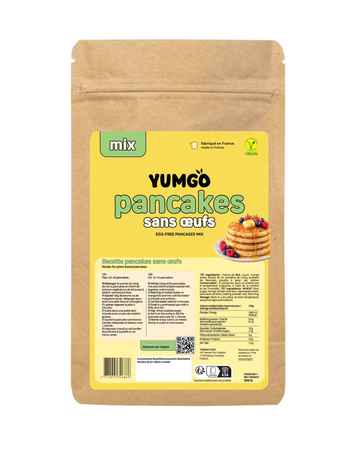 Pack Mix Yumgo - Pancakes sans œufs 200g + Cookies sans œufs 350g