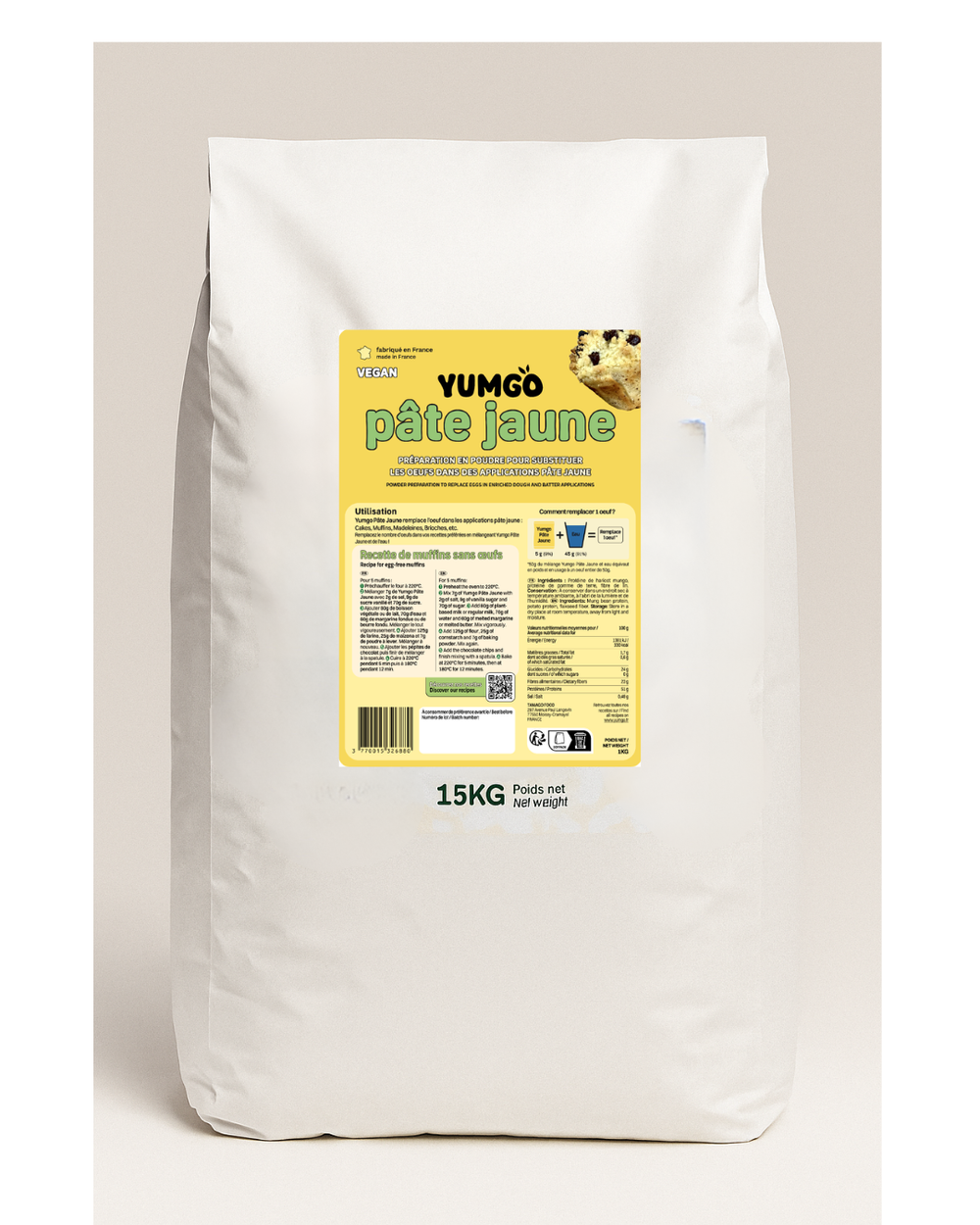 Yumgo Pâte Jaune Poudre 15kg - Muffins et Cakes sans oeufs !